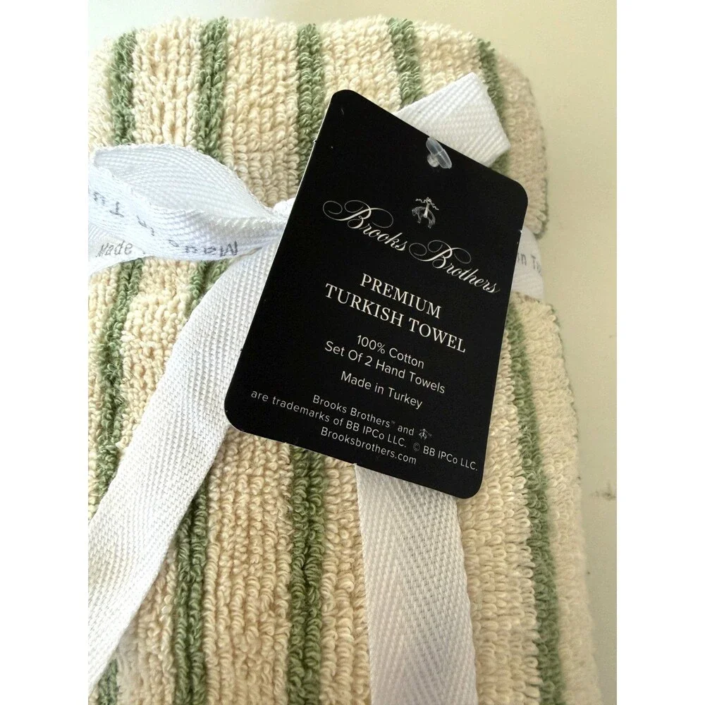 Brooks Brothers Hand Towels Ivory Green Stripe Made in Turkey Set of 2